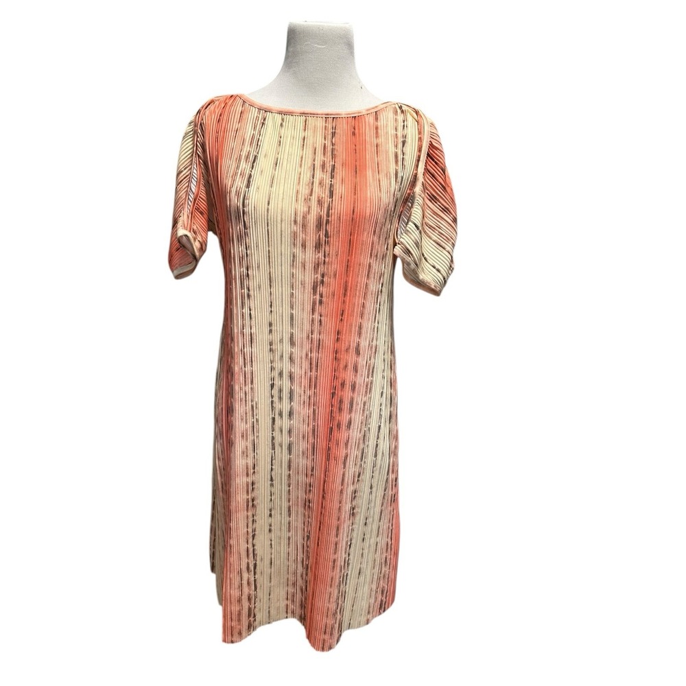 Pleated Dress Short Sleeve Casual Party Cocktail Dress Orange Beige Size S‎